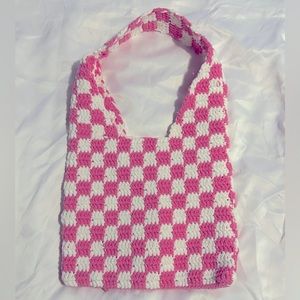 Homemade crochet checkered pink and white tote bag.